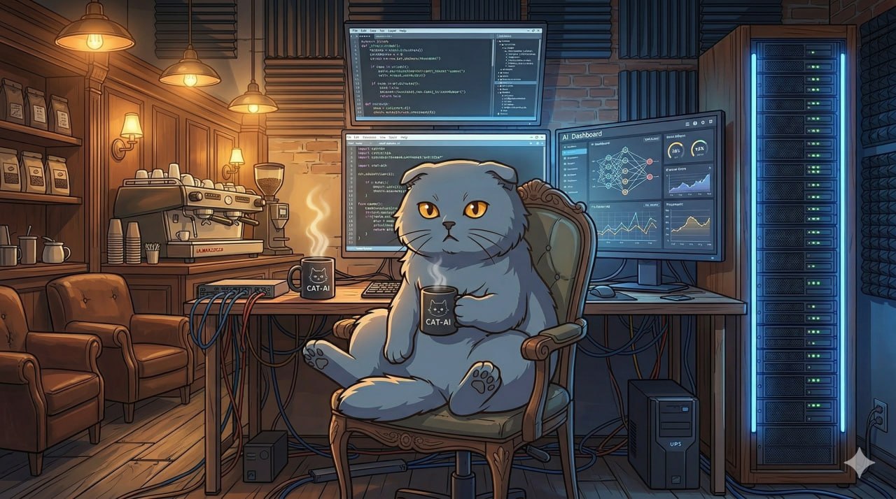 Kranky cat in coffee shop server room